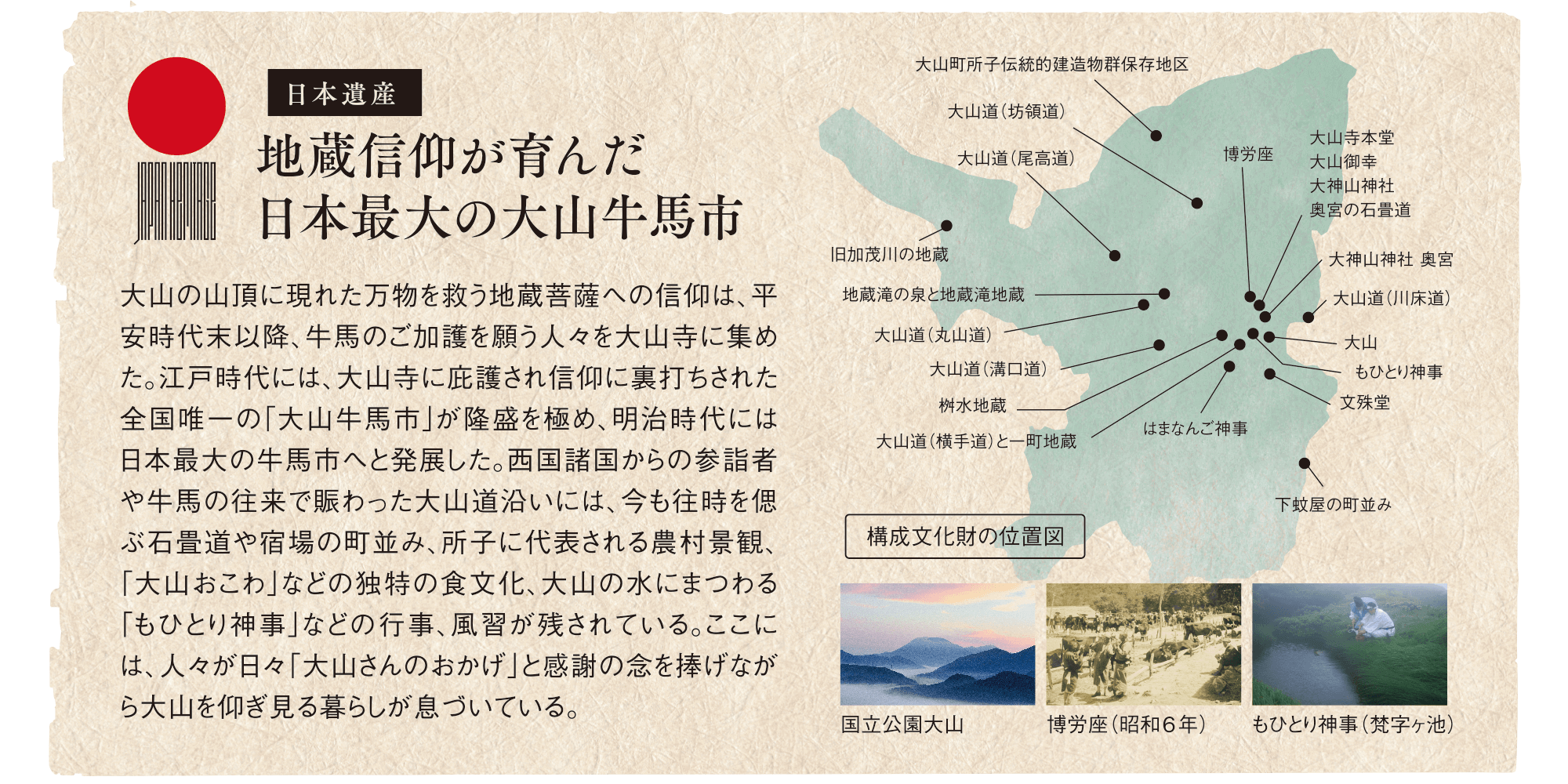 地蔵信仰が育んだ日本最大の大山牛馬市 大山の山頂に現れた万物を救う地蔵菩薩への信仰は、平安時代末以降、牛馬のご加護を願う人々を大山寺に集めた。江戸時代には、大山寺に庇護され信仰に裏打ちされた全国唯一の｢大山牛馬市｣が隆盛を極め、明治時代には日本最大の牛馬市へと発展した。西国諸国からの参詣者や牛馬の往来で賑わった大山道沿いには、今も往時を偲ぶ石畳道や宿場の町並み、所子に代表される農村景観、｢大山おこわ｣などの独特の食文化、大山の水にまつわる｢もひとり神事｣などの行事、風習が残されている。ここには、人々が日々｢大山さんのおかげ｣と感謝の念を捧げながら大山を仰ぎ見る暮らしが息づいている。国立公園大山 博労座(昭和6年) もひとり神事(梵字ヶ池)