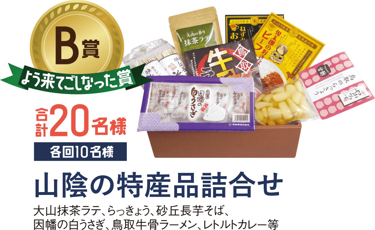 B賞品『よう来てごしなった賞」 山陰の特産品詰合せ（5,000円相当）各回10名様 合計20名様 大山抹茶ラテ、らっきょう、砂丘長芋そば、因幡の白うさぎ、鳥取牛骨ラーメン、レトルトカレー等