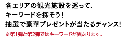 各エリアの観光施設を巡って、キーワードを探そう！抽選で豪華プレゼントが当たるチャンス！